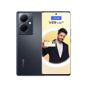 Vivo v29 Lite siyah akıllı telefon, ön ekran ve arka kamera modülüyle vitrin ürün görseli