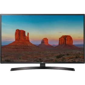 LG 49UK6470PLC Ultra HD 4K LED televizyon vitrininde, genel renkli şık tasarım ve akışlı ekran görüntüsü