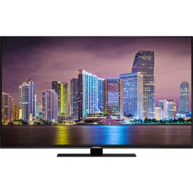 Grundig Miami 49 CLX 9675 BP Ultra HD 4K LED televizyon, şehir manzarası gösteren ekranıyla önden görünüm