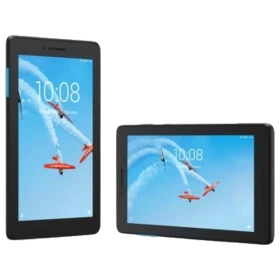 Lenovo TAB E7 siyah uygun fiyatlı tablet; uçaklı arayüz ekranda görünen ön panel tasarımı