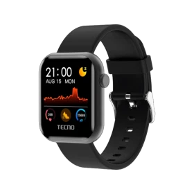 Tecno Watch 1 siyah akıllı saat, renkli sağlık ekranı ve ayarlanabilir silikon kordonuyla önden görünür.