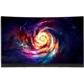 LG 77EC980V Ultra HD 4K OLED televizyon ekranında renkli galaksi teması, genel siyah tasarım