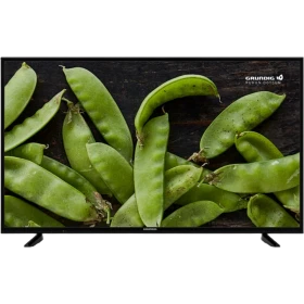 Grundig 49 GDU 7810B Ultra HD 4K LED televizyon, ekranda yeşil bakla görüntüsüyle önden görünür.