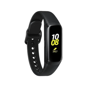 Samsung Galaxy Fit siyah akıllı bileklik, kavisli ekranında saat ve adım sayacıyla önden görünür