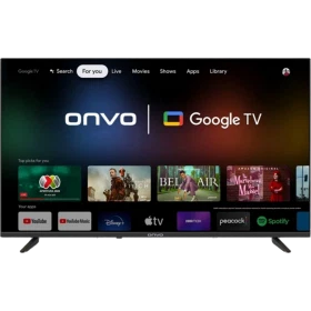 Onvo 43OVF9001F Full HD LED televizyon, Google TV arayüzü ve uygulamalar açık şekilde önden görünür.