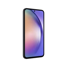 Siyah Samsung Galaxy A54 akıllı telefon, önden görünüm, tam ekran tasarım ve ön kamera deliğiyle