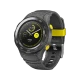 Huawei Watch 2 siyah akıllı saat, yuvarlak ekranı ve sarı detaylı silikon kordonuyla önden görünür.