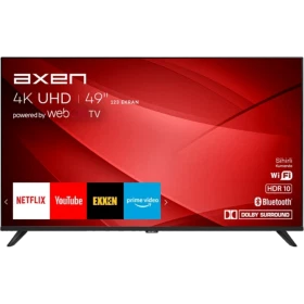 Axen AX49FAL241 Ultra HD 4K LED televizyon, siyah çerçeveli 49 inç ekran ve akıllı TV özellikleriyle
