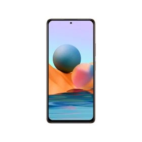 Turuncu Xiaomi Redmi Note 10 Pro akıllı telefonun önden görünümü, tam ekran ve delikli kamera tasarımı