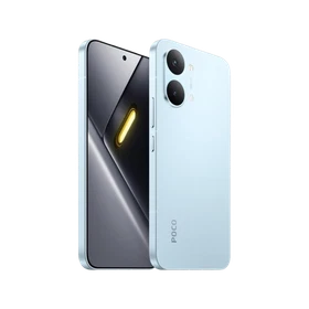 Mavi Poco X8 Pro Max akıllı telefon, ince çerçeveli ekranı ve çift arka kameralı şık tasarımıyla önden ve arkadan görünüm
