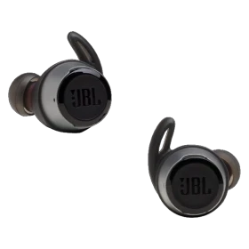 JBL Reflect Flow siyah tam kablosuz kulaklık, iki kulaklık önden ve ayrı konumda görünür.