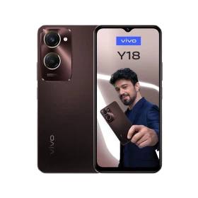 Vivo Y18 kahverengi akıllı telefon, ön ekran ve çift kameralı arka tasarımın vitrin görünümü