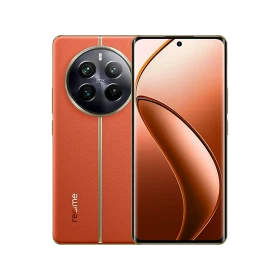 Realme 12 Pro Plus kırmızı akıllı telefon, ön ekran ve arka kamera modülüyle vitrin görünümü