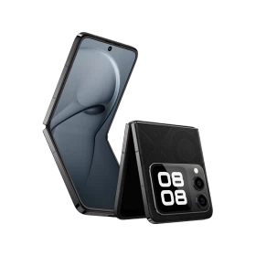Huawei Nova Flip siyah katlanabilir akıllı telefon, açık ve kapalı konumda ön ve dış ekran görünümü