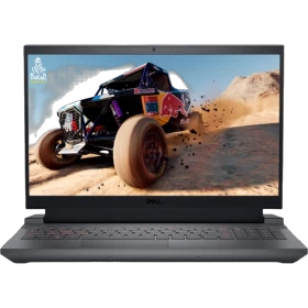 Dell G15 Gaming 5530 oyuncu laptop, siyah renkli; ekranda yarış sahnesi görünen ana vitrin görünümü