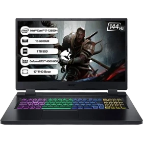 Acer Nitro 5 AN517-55 siyah oyuncu laptop, 17 inç ekran ve RGB aydınlatmalı klavye ile önden görünüm