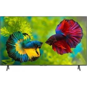 Grundig 85 GHU 9001 Ultra HD 4K LED televizyon, ekranda renkli beta balıkları ve ayaklarıyla.