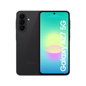 Samsung Galaxy A27 5G siyah akıllı telefon, arka kamera modülü ve ekranı açık şekilde görünüyor.