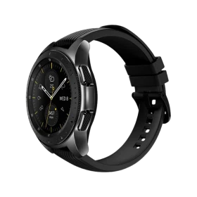 Samsung Galaxy Watch 42mm siyah akıllı saat, yuvarlak ekranı ve silikon kayışıyla önden görünüm