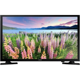 Samsung 32J5000 Full HD LED TV, çiçek ve göl manzaralı ekran görüntüsüyle siyah tasarım