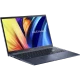 Asus VivoBook 15 M1502YA-BQ186 koyu mavi iş ve ofis laptopu, açılı ekran ve klavye görünüyor