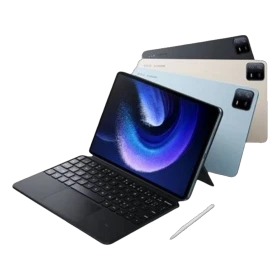 Siyah Xiaomi Pad 6 Pro 128 GB oyuncu tablet; klavye görünümüyle önden ekran tasarımı.