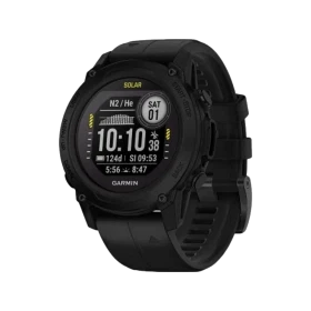 Garmin Descent G1 Solar Aktivite Saati, siyah renkli yuvarlak ekranı ve silikon kordonuyla önden görünüm