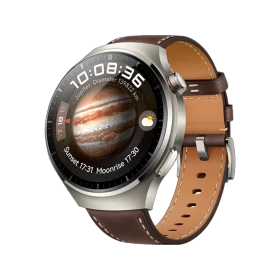 Huawei Watch 4 Pro Classic gri akıllı saat, kahverengi deri kayış ve yuvarlak ekran tasarımı