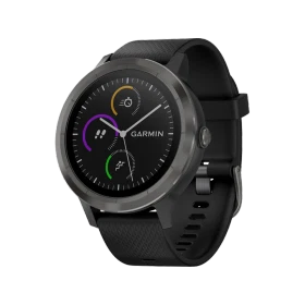 Garmin vivoactive 3 siyah akıllı saat, yuvarlak ekranı ve ayarlanabilir silikon kayışıyla önden görünüyor