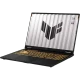 Asus TUF Gaming F16 FX608JM-RV076 koyu gri oyuncu laptop; altın renkli klavye ve açılır ekran görünümü