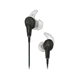 Bose QuietComfort 20i Kablolu siyah kulaklık, iki kulaklık ve beyaz silikon uçlarıyla