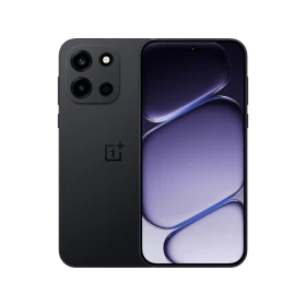 OnePlus Nord 6 siyah akıllı telefon, ön ve arka yüzüyle mor ekran tasarımını gösteriyor