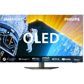 Philips 65OLED809 Ultra HD 4K OLED televizyon, Ambilight ve Google TV arayüzü görünen ekranda modern tasarım