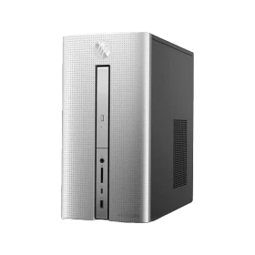 HP 570-P021NT 1NH70EA masaüstü bilgisayar, gümüş renkli kasası ve ön bağlantı noktalarıyla önden görünüm