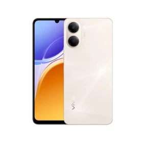 Vivo Y21 5G altın akıllı telefon; çift kamera modülü ve kavisli ekran tasarımı önden görünümle.