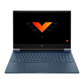 HP Victus Gaming 16-r0005nt koyu mavi oyuncu laptop ekranında V logosu ve klavye görünümü