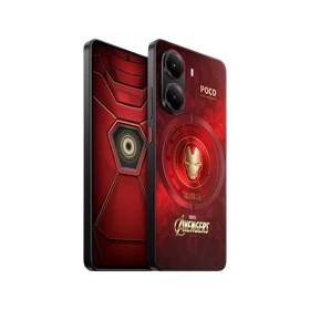 Poco X7 Pro Ironman Edition kırmızı akıllı telefon, ön ekranı ve Avengers temalı arka tasarımıyla