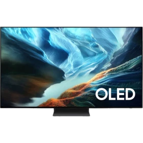 Samsung 83S90H Ultra HD 4K OLED televizyon, siyah çerçeveli tasarım; ekranda canlı mavi manzara görüntüsü.