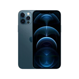 Mavi Apple iPhone 12 Pro akıllı telefon, ön ekran ve üç kameralı arka yüz tasarımıyla vitrin görünümü