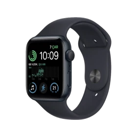 Apple Watch SE 2 2022 44 mm siyah alüminyum kasa ve spor kordonlu akıllı saat, önden görünüm