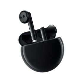 Huawei FreeBuds 3 Tam Kablosuz siyah kulaklık ve şarj kutusu, kulaklıklar kutu içinde açık şekilde