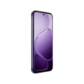 Mor renk Oppo A6T 5G akıllı telefonun önden görünümü, çerçevesiz ekran ve ön kamera detayı