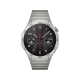 Huawei Watch GT 4 Metal 46mm gümüş akıllı saat, siyah kadran ve metal kordonla önden görünüm
