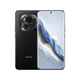Honor Magic 6 siyah akıllı telefonun ön ve arka görünümü, geniş ekran ve dairesel kamera modülüyle