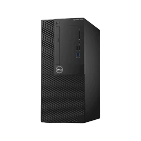 Dell OptiPlex 3050 siyah masaüstü bilgisayar kasası, ön paneli ve bağlantı noktalarıyla önden görünüm