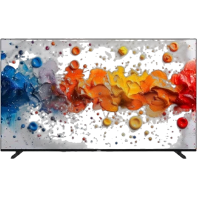 Vestel 65QG9840 Ultra HD 4K QLED televizyon, renkli ekran görüntüsü ve ince siyah çerçevesiyle önden görünüm