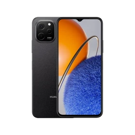 Huawei Nova Y61 siyah akıllı telefon, arka üçlü kamera modülü ve ön ekran tasarımıyla vitrin görünümü