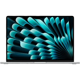 Apple MacBook Air M3 15.3 inç laptop, gümüş renk, önden açık görünüm ve ince çerçeveli ekran tasarımı