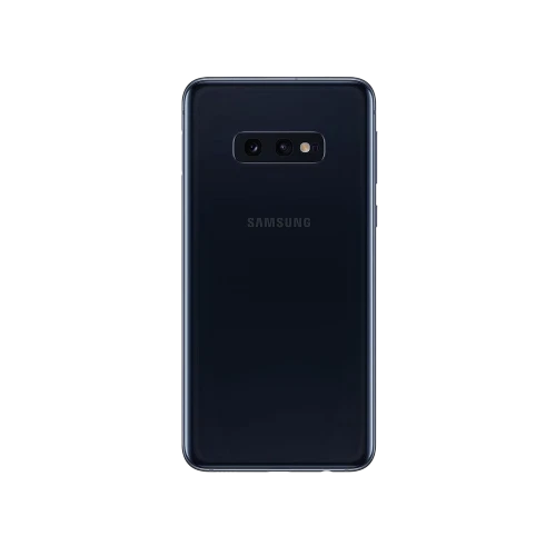 Siyah Samsung Galaxy S10e akıllı telefonun arka yüzü, çift kamera ve flaş detaylı tasarım