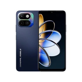 Lacivert General Mobile GM 26 One 5G telefonun ön ve arka yüzü, çoklu kamera sistemi ve renkli ekranıyla birlikte.